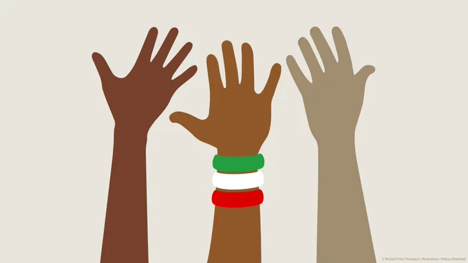 Three demonstrating hands. The hand in the middle wears a set of bracelets representing the colours of Iran. 