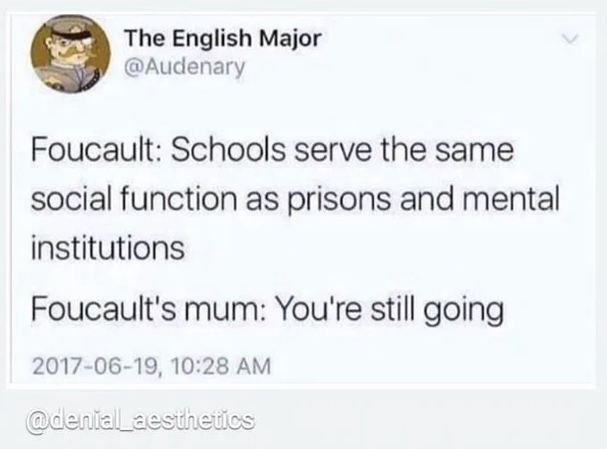 Screenshot of Tweet by @Audenary
“Foucault: Schools serve the same social function as prisons and mental institutions 
Foucault’s mum: you’re still going”