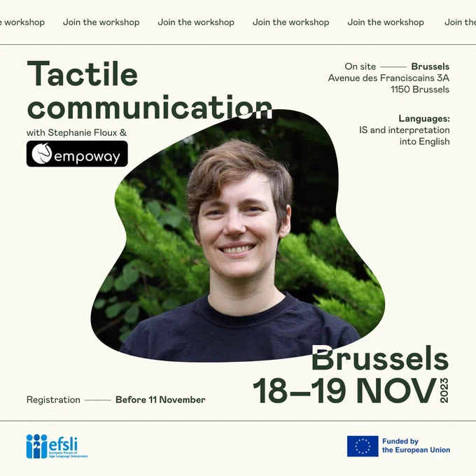 A photo of Stephanie Floux with the title "Join the workshop: Tactile Communication." On-site and registration information below.