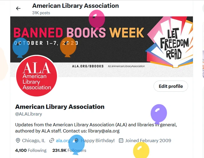 Screenshot of American Library Association Twitter profile with streaming balloons and a "Happy Birthday" notification.