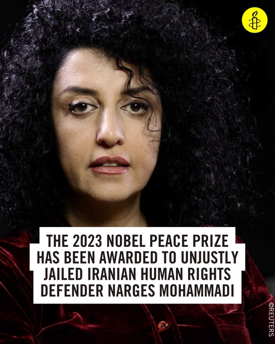 The 2023 Nobel Peace Prize has been awarded to unjustly jailed Iranian human rights defender Narges Mohammadi