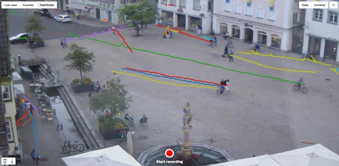 Webcam of Biberach Marktplatz analyzed with OpenDataCam showing the trajectories of people crossing the square. 