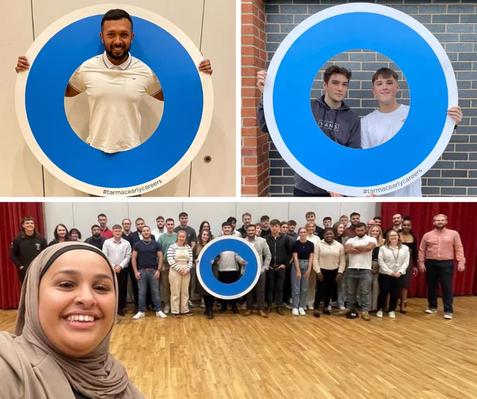 Group photo of early career cohort alongside close-up of three candidates holding the Tarmac blue circle and posing.