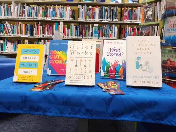Book display of mental health and wellbeing books