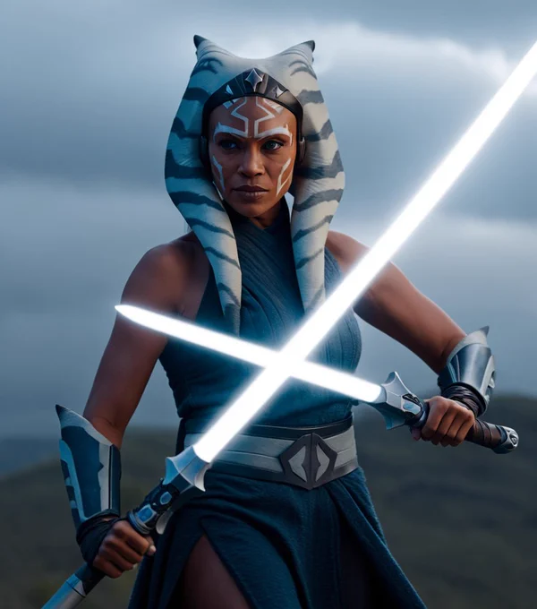 shot in imax (DCI HDR ) cinematic photo ahsoka tano in battle stance at thunder bluff holding two white lightsabers . 35mm photograph, film, bokeh, professional, shot by jerry uelsmann, 4k, highly detailed, global lights