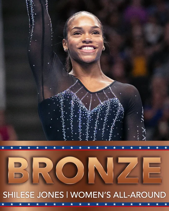 A photo of the U.S. gymnast Shilese Jones on a graphic that says "Bronze, Shilese Jones, Women's All-Around"