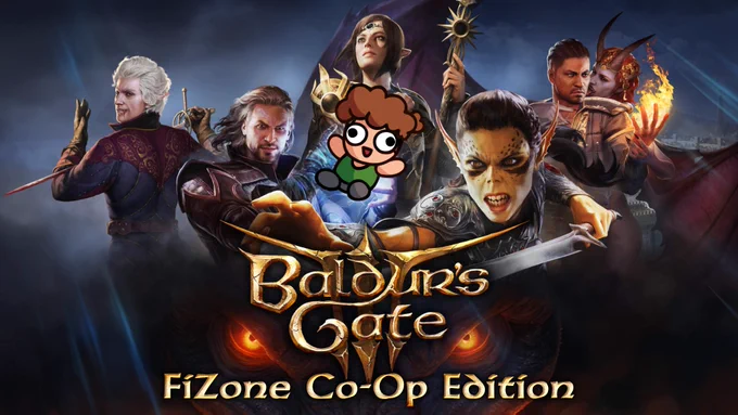baldur's gate 3 key art except edited to also say "fizone co-op edition" and the suave looking wizard fella is summoning an adorable fionn puppet in his hands