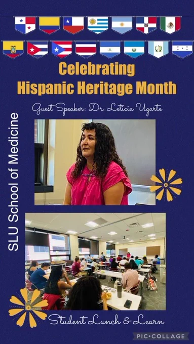 Dr. Leticia Ugarte was the guest speaker at the SLU School of Medicine's Hispanic Heritage Month Lunch and Learn sponsored by the Office of Diversity, Equity, and Inclusion. She shared her inspirational journey to undertake her residency in the United States and the challenges she faced and overcame. @slusom @SLU_GME @SLUMCL @LmsaNational @SLU_Official