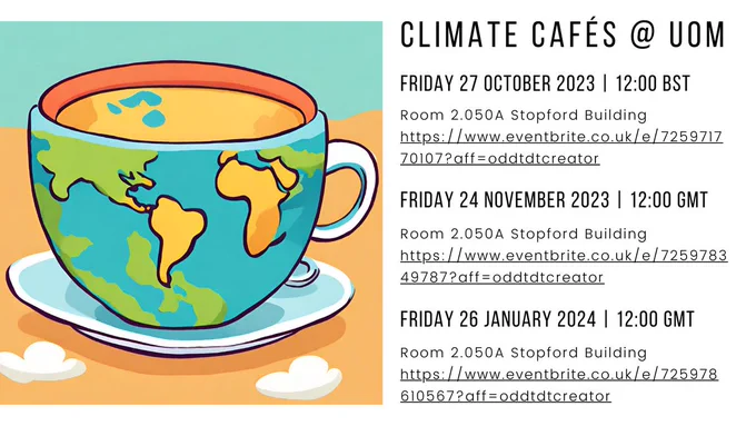 Teacup with globe on it and list of upcoming Climate Café dates