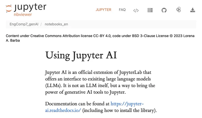 Screenshot from nbviewer showing the start of the lesson on Jupyter AI.