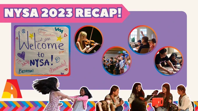 The slide has the title “NYSA 2023 RECAP!”, and has a purple background. Above the background is a picture of a drawn sign that reads, “Welcome to NYSA!”, and has the word “Welcome” written in different languages surrounding the text. To its right are four images that display (from left to right): a student playing the violin, students wearing their graduation caps, a student raising his hand, and Ms. Rosario helping a student with their art. At the bottom of the slide is the Arts Ignite logo, “A”, and an arrow-like pattern of yellow, red, purple, pink, blue, and lavendar. Above the pattern are images of two girls twirling one another and a picture of four students singing and playing the guitar together. 