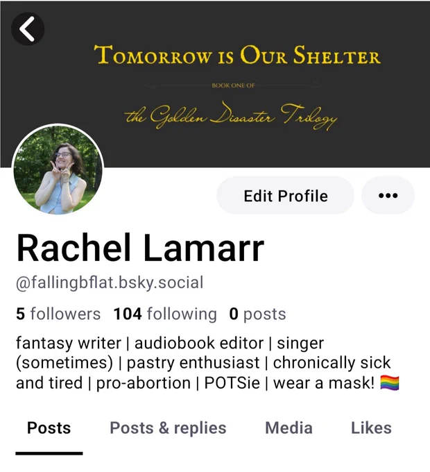 a screenshot of my blue sky profile, handle fallingbflat.bsky.social
