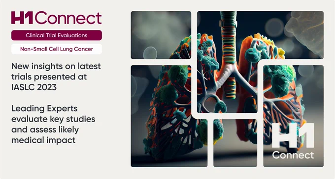 Graphic of human lungs accompanied by text referring to NSCLC clinical trial evaluations from H1 Connect.