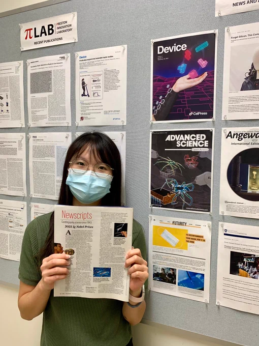 Faye Yap with C&EN magazine showing story on Ig Nobel Prize for her work on necrobotics