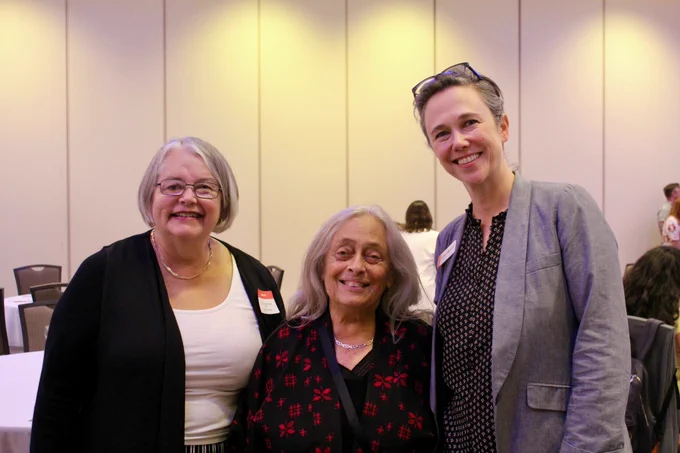 From left to right: Ann Riley (MSLIS ’77), Barbara Ford, and Dean of Libraries and University Librarian Claire Stewart.