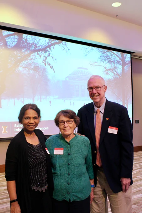 From left to right: Adjunct Lecturer Anita Coleman, Dean Emerita Leigh Estabrook, and Curt McKay (MS '88).  