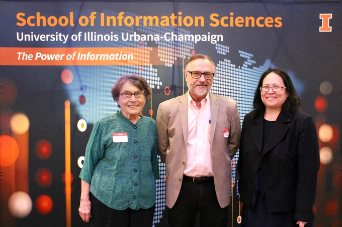 From left to right: Dean Emerita Leigh Estabrook, Professor and former Dean Allen Renear, and Professor and Dean Eunice Santos.