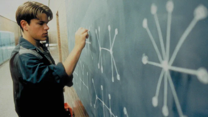 Matt Damon completed a math problem on a blackboard in a scene from Goodwill Hunting. 