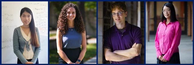Faculty members smile in four individual portraits - one standing against a white board and three outdoors on Duke's campus - in a panel of photos framed in navy blue