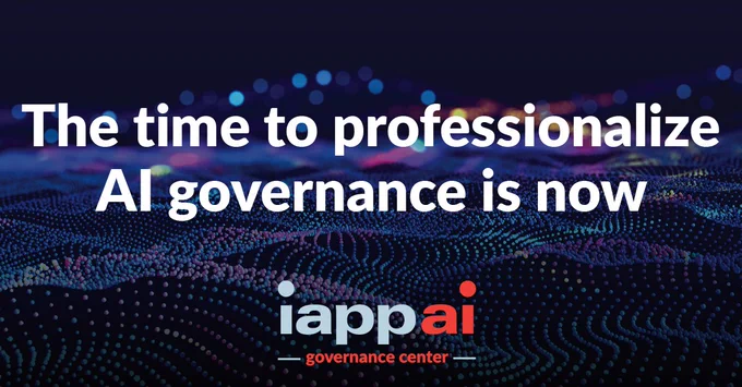 Dotted background with "the time to professionalize AI governance is now" in large white text overtop. Below, "iappai - governance center" reads in grey and red text. 