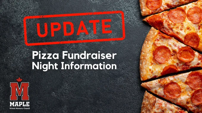 Slices of pizza on a slate background with text reading Update: Pizza Fundraiser Night Information. 