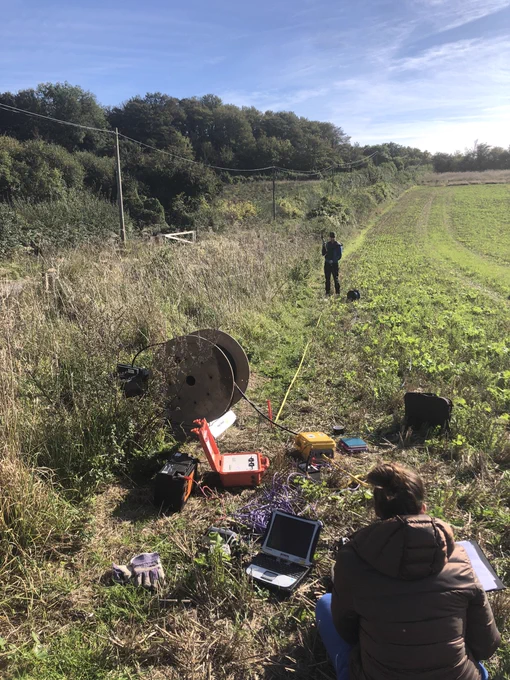 Borehole seismic surveying on a sunny autumn afternoon.