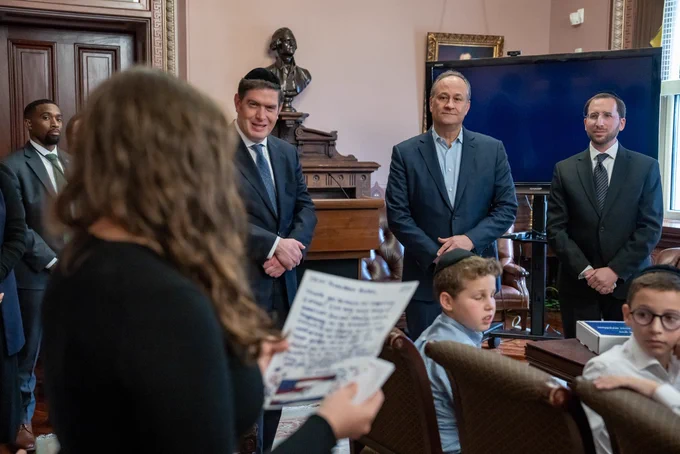 Second Gentleman Douglas Emhoff listens to a student read a letter thanking the Biden-Harris Administration for their support of Israel.