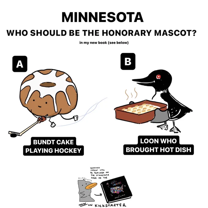 Text:
MINNESOTA WHO SHOULD THE HONORARY MASCOT (in my new book)

A: BUNDT CAKE PLAYING HOCKEY 
B: LOON WHO BROUGHT HOT DISH

Honorary mascot will be featured on the Minnesota page in the HOW TO LEARN THE FIFTY SHAPES BOOK now on Kickstarter