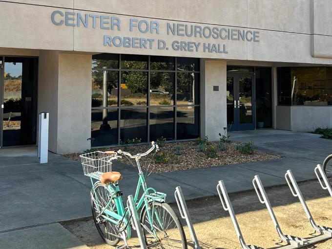A photo of the front of the main building at the Center for Neuroscience Robert D. Grey Hall. There is a bike rack in front of the building with two bikes parked. 