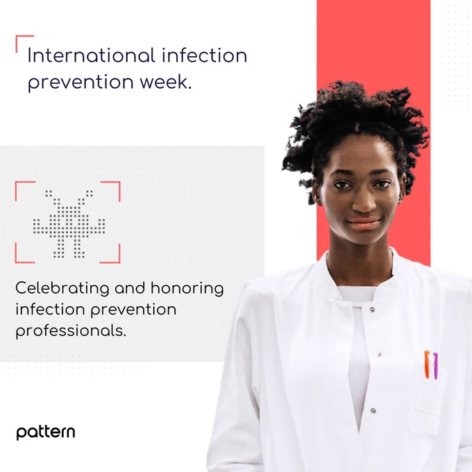 International infection prevention week. Celebrating and honoring infection prevention professionals. Photo of female in white lab coat. Graphic of superbug. Pattern logo.