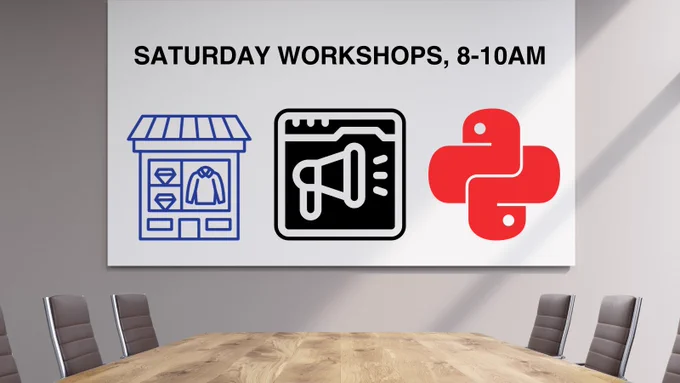A photo of an empty boardroom with a conference table and a projector screen. On the screen are three icons representing, from left to right, merchandising, crisis communications, and Python. The headline above them reads, “Saturday Workshops, 8-10am.”