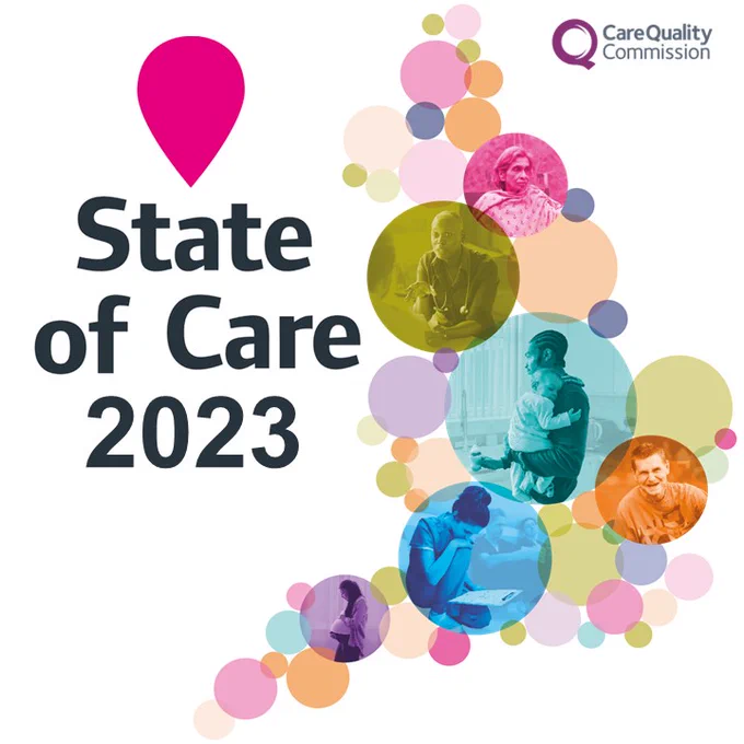 State of care 2023 title image with bubbles, made up of patients and care staff