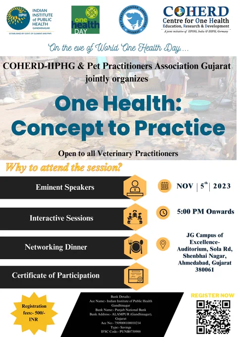 📢 Announcement 📢

The Centre for One Health, Education, Research and Development (COHERD) at the Indian Institute of Public Health Gandhinagar (IIPHG) and the Pet Practitioners Association Gujarat are jointly organising a professional discussion💬 on “One Health: Concept to Practice” on the eve of World 🌍 One Health Day.  

🩺 All Veterinarians are welcome 👨🏼‍⚕

🗓  5th November, 2023
🕔  5 PM onwards, followed by networking dinner 🍽🍴
📍  JG Campus of Excellence, Ahmedabad

_Interested Veterinary Doctors can fill out the registration form using this link https://forms.gle/HedSEGzT2hDSYitf7