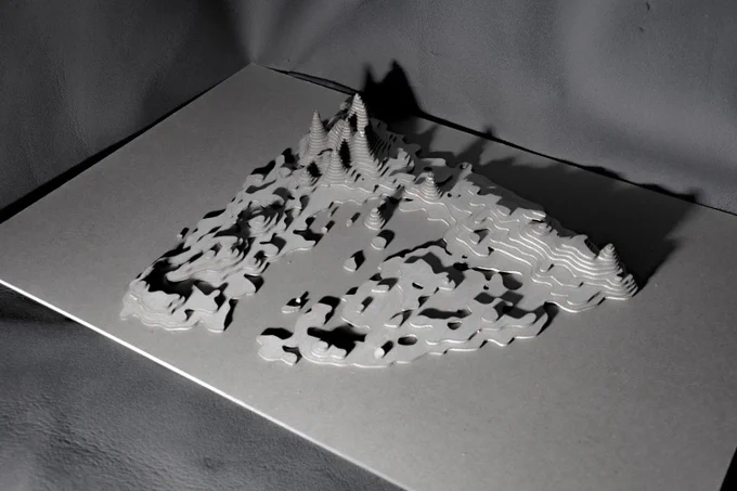 The physical model of the loneliness island, composed of several overimposed layers that create reliefs