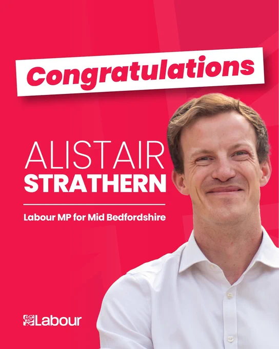 Image showing Alistair Strathern saying:

Congratulations
Alistair Strathern
Labour MP for Mid Bedfordshire