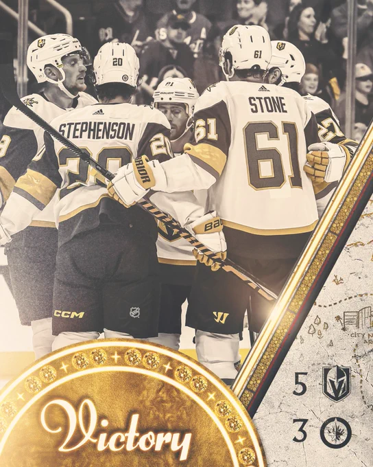 A victory graphic showing the Golden Knights win against the Jets, 5-3
