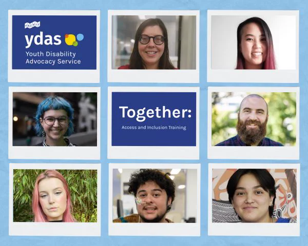 Photo with 9 squares inside it. The square on the top right is the YDAS logo. The square in the centre says Together: access and inclusion training. Each of the other squares is a photo of a member of our Together team.