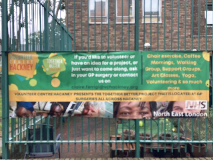 A banner for Volunteer Centre Hackney’s Together Better project located at GP surgeries across Hackney