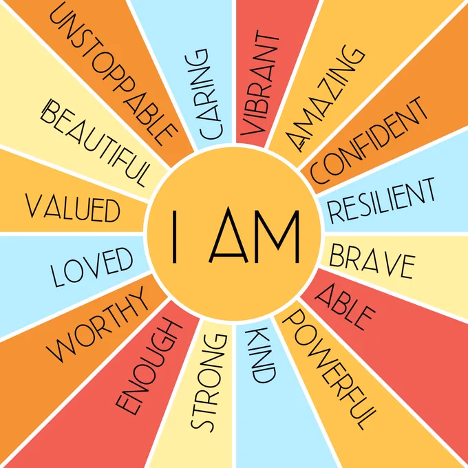 A vibrant list of positive affirmations - I am:

Caring, vibrant, amazing, confident, resilient, brave, able, powerful, kind, strong, enough, worthy, loved, valued, beautiful, unstoppable