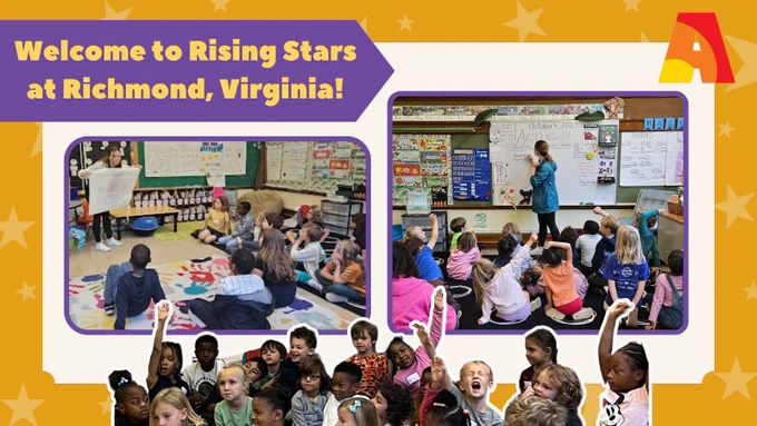 The slide has a yellow background with graphics of stars. The title of the post is “Welcome to Rising Stars at Richmond, Virginia!” At the center of the slide is a white rectangle that includes two images of students paying attention to their instructor; the first picture shows the instructor holding a drawing and the second picture shows another instructor teaching a lesson on acting. At the bottom of the slide is a picture of students raising their hands to answer a question. On the upper left of the slide is the Arts Ignite logo, “A”.