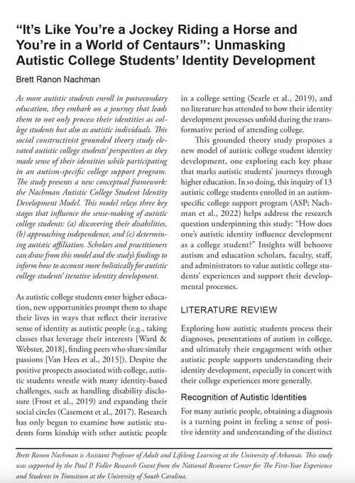 Image of the first page of the journal article in Journal of College Student Development: "'It's Like You're a Jockey Riding a Horse and You're in a World of Centaurs': Unmasking Autistic College Students' Identity Development"