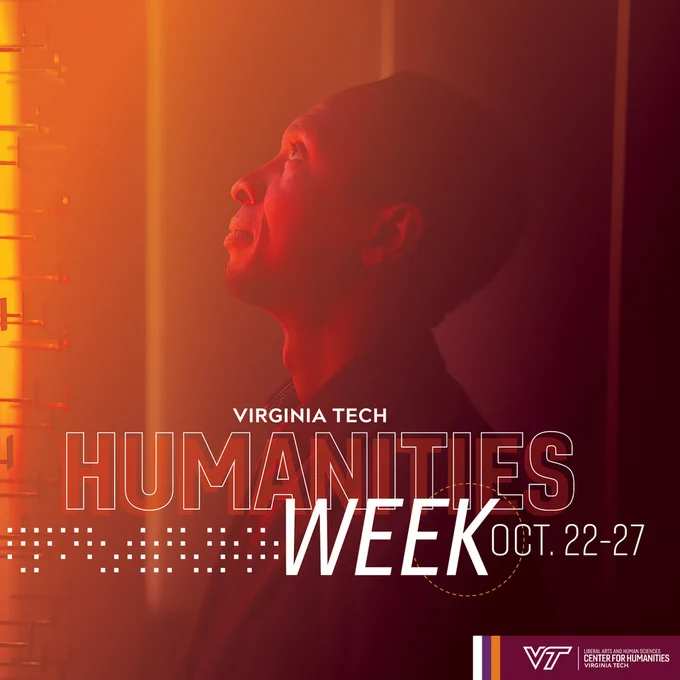 A graphic shows Sylvester Johnson in orange and maroon hues. The text reads "Virginia Tech Humanities Week, Oct. 22-27."