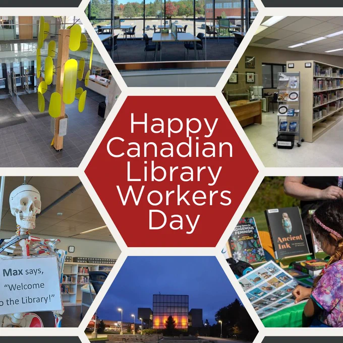 Happy Canadian Library Workers Day post with a collage of photos from the Learning Library and Commerce Court Library.