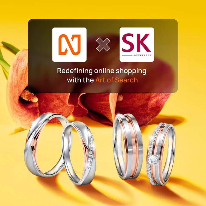 Netcore Unbxd logo and SK Jewellery Logo. With a tagline reading " Redefining online shopping with the art of search"
