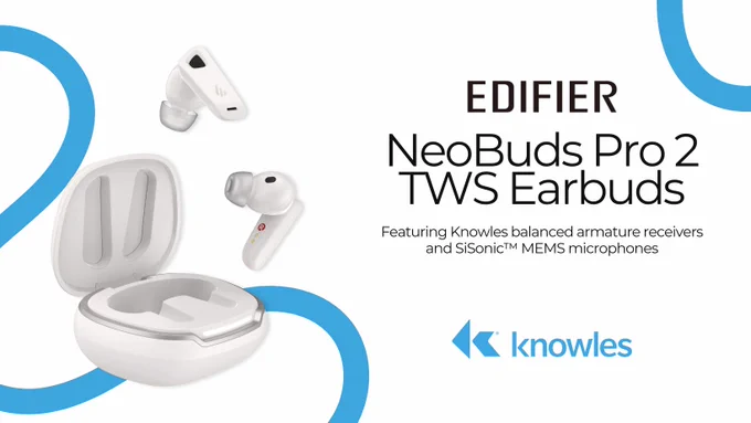 A graphic displays white earbuds floating above a white case, each branded with Edifier's logo. The background features abstract blue lines and the caption reads: Edifier NeoBuds Pro 2 TWS Earbuds, featuring Knowles Balanced Armature Receivers and SiSonic MEMS Microphones. 