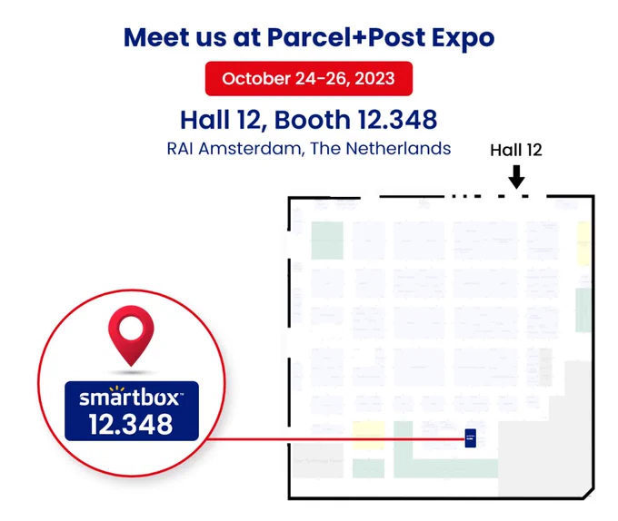 Floorplan of Parcel Post Expo 2023 on a white background highlighting the location of Smartbox booth 12.348