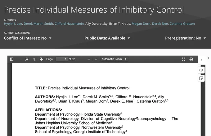 Screenshot of the preprint, entitled "precise individual measures of inhibitory control"