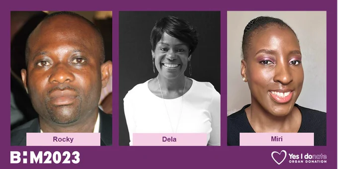 A graphic displays 3 photos of Rocky, Dela and Miri, along with the logos of Black History Month 2023 and 'Yes I donate'.
