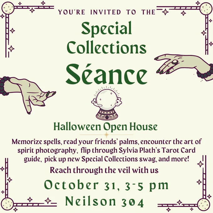 Promotional poster for the event, same info as the caption, with two greenish witch-like hands hovering over a glowing crystal ball
