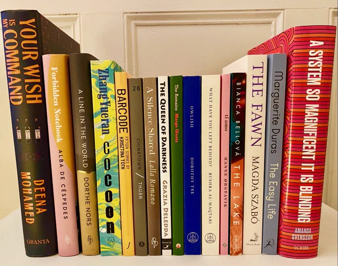 A photograph of the 16 titles longlisted for the Warwick Prize for Women in Translation in 2023. Including: Dorthe Nors, A Line in the World, trans Caroline Waight; Lalla Romano, A Silence Shared, trans Brian Robert Moore; Amanda Svensson, A System So Magnificent It Is Blinding, trans Nichola Smalley; Krisztina Tóth, Barcode, trans Peter Sherwood; Thuận, Chinatown, trans Nguyễn An Lý; Zhang Yueran, Cocoon, trans Jeremy Tiang; Anna de Céspedes, Forbidden Notebook, trans Ann Goldstein; Dorothy Tse, Owlish, trans Natascha Bruce; Marguerite Duras, The Easy Life, trans Olivia Baes and Emma Ramadan; Magda Szabó, The Fawn, trans Len Rix; Bianca Bellová, The Lake, trans Alex Zucker; Grazia Deledda, The Queen of Darkness, trans Graham Anderson; Margo Glantz, The Remains, trans Ellen Jones; Hanne Ørstavik, ti amo, trans Martin Aiken; Bushra al-Maqtari, What Have You Left Behind? trans Sawad Hussain; Deena Mohamed, Your Wish Is My Command, trans Deena Mohamed.
